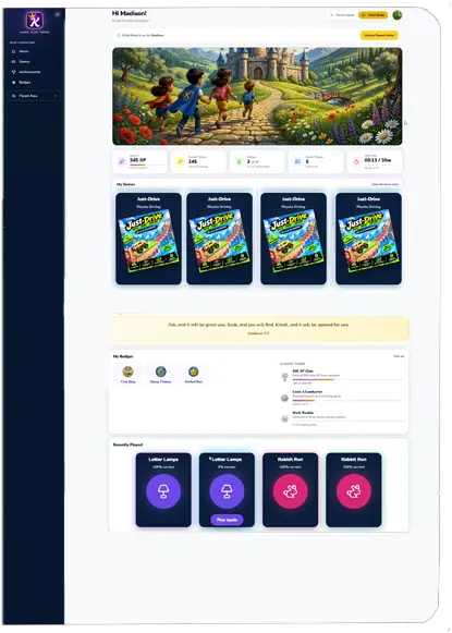 A child's Kids Mode screen with My Games, My Assignments and My Stories